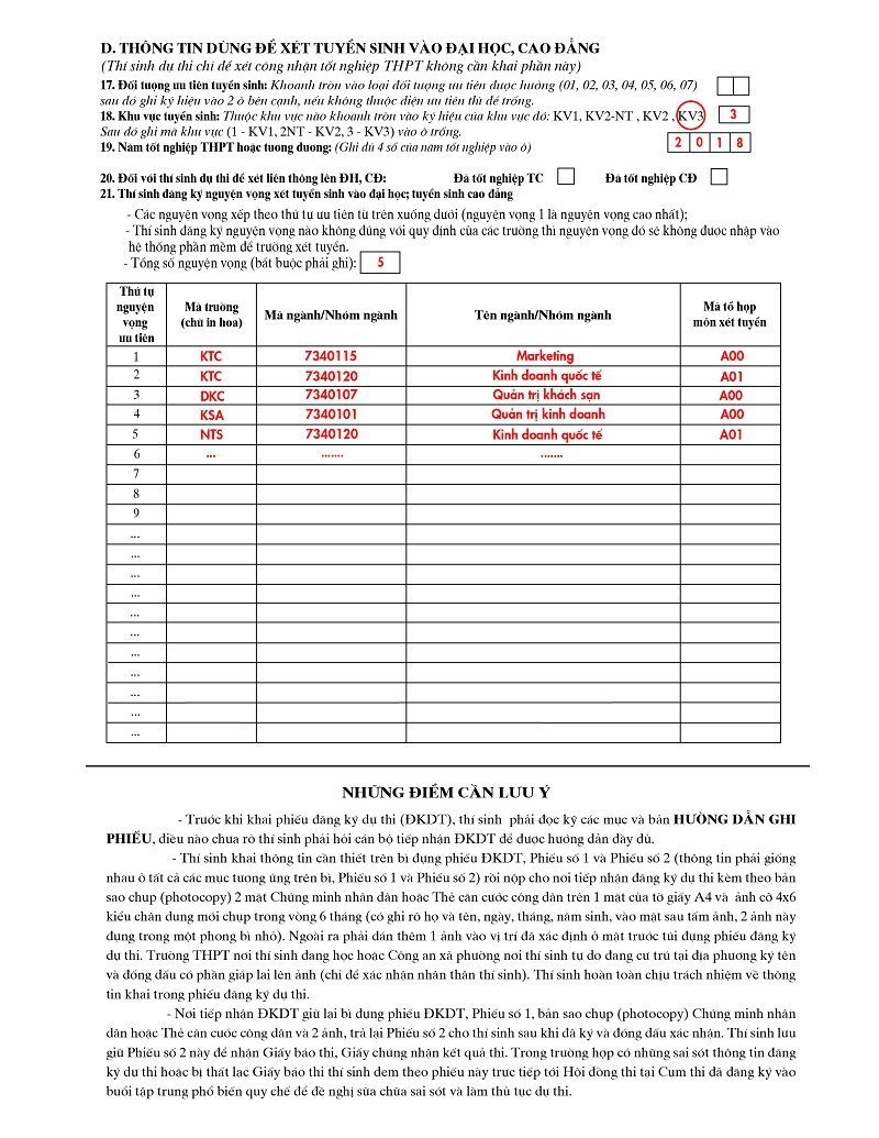 Mẫu phiếu đăng ký thi THPT quốc gia 2018 2
