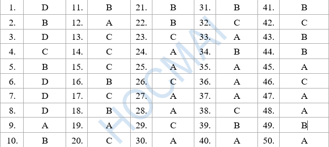 Đáp án tiếng Anh mã đề 401