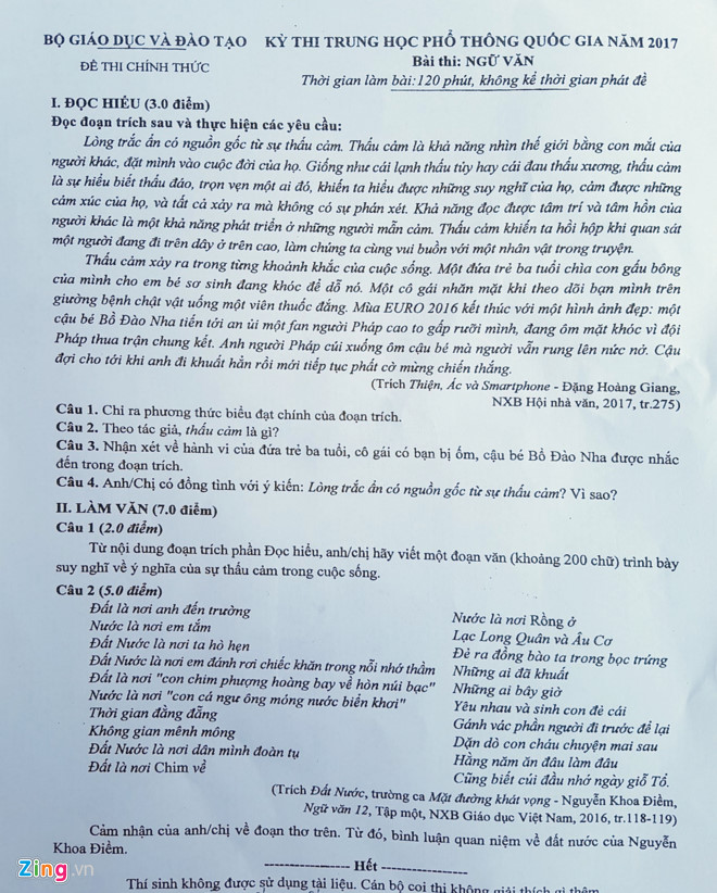 Đề thi THPT quốc gia 2017 môn Văn