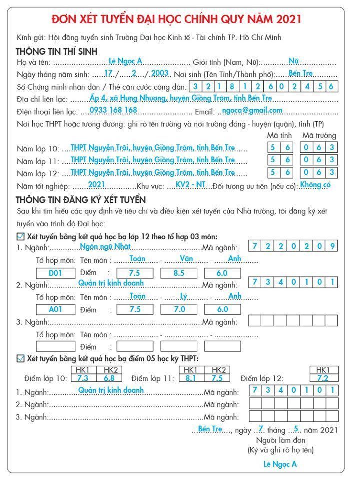 Đơn xét tuyển học bạ 2021