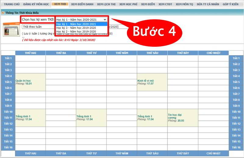 hướng dẫn xem thời khóa biểu