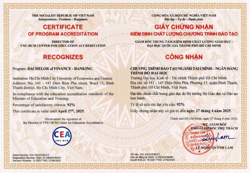 Giấy chứng nhận kiểm định chất lượng chương trình đào tạo ngành Tài chính - Ngân hàng theo tiêu chuẩn của Bộ Giáo dục và Đào tạo