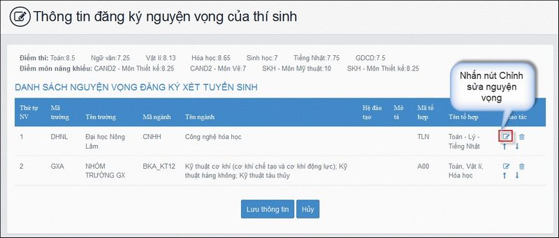 Điều chỉnh nguyện vọng trực tuyến