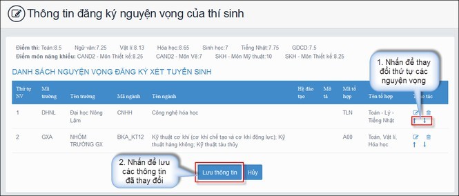 Điều chỉnh nguyện vọng trực tuyến